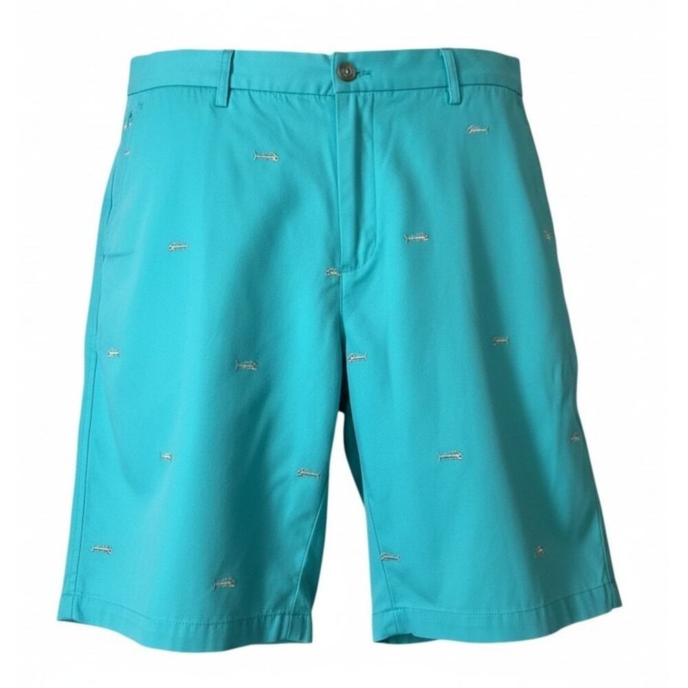 J McLaughlin Men's 36x9  Cotton Shorts Blue Fishbone Print Chino Golf Activewear